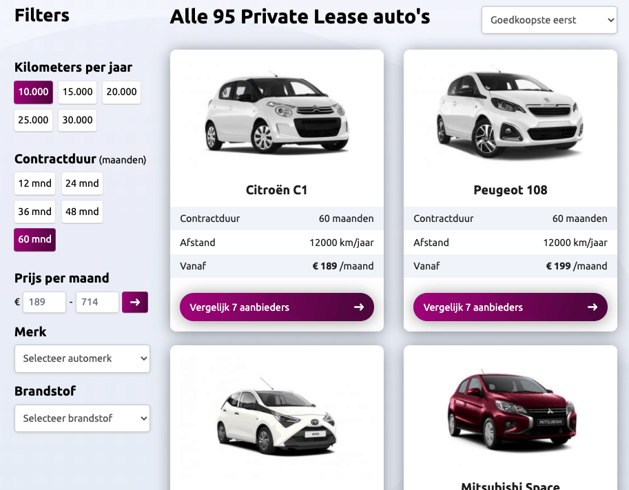Filter aanbod private lease