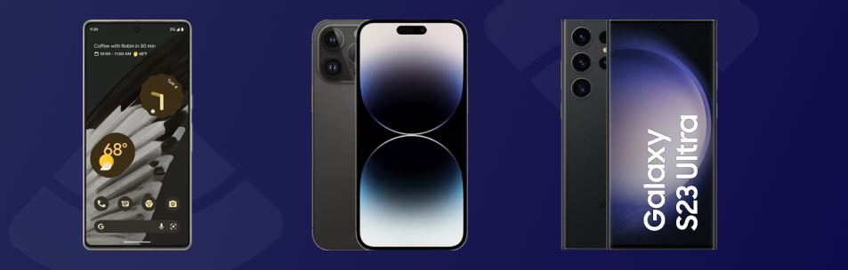 Pixel 7, iPhone 14 en Galaxy S23 Ultra naast elkaar