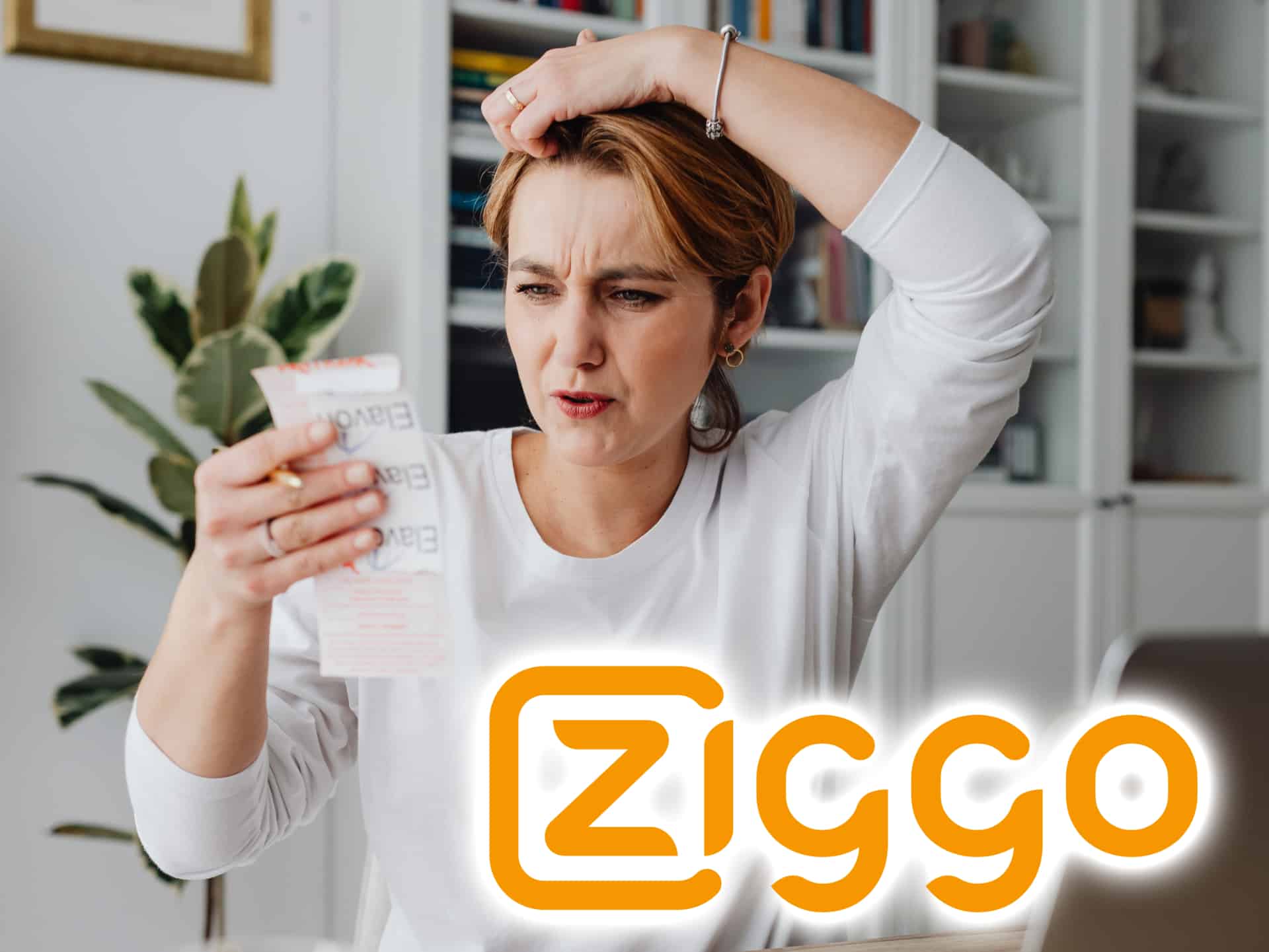 Vrouw die dure rekening van Ziggo internet ziet met ziggo logo