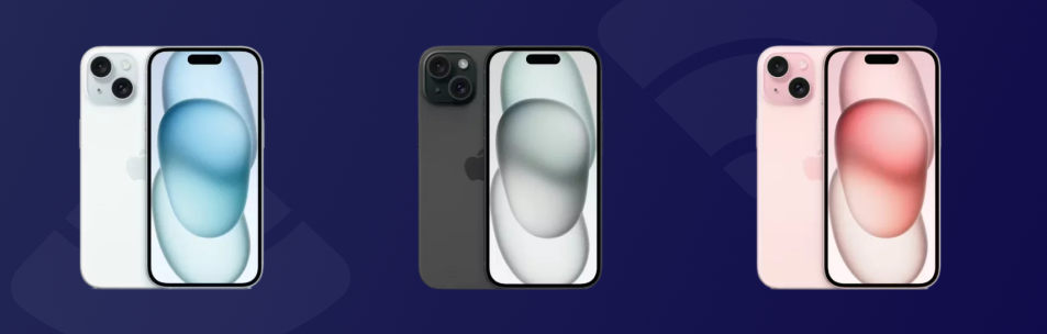 iPhone 15 blauw, zwart en roze